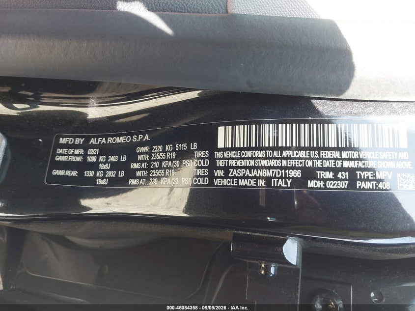 2021 Alfa romeo Stelvio VIN ZASPAJAN8M7D11966 IAAI salvage auction — NORMAL WEAR, Repossession Paperwork (Georgia), sold $7,100 on 2026-10-01 (photo 9)