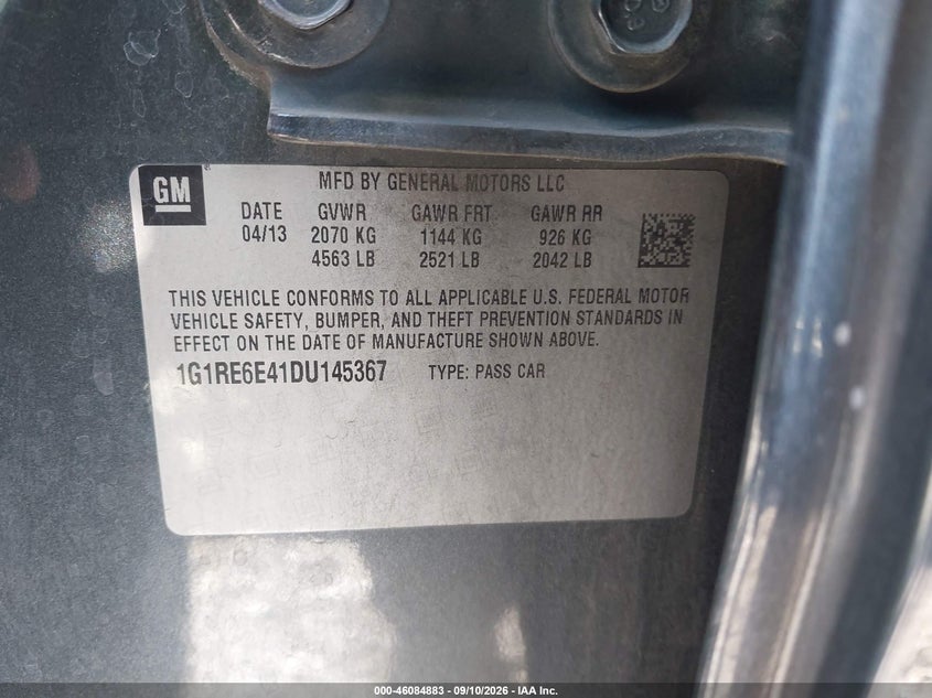 2013 Chevrolet Volt VIN 1G1RE6E41DU145367 IAAI salvage auction — REAR END, Clear - Dealer Only (California), sold $1,025 on 2026-09-14 (photo 9)