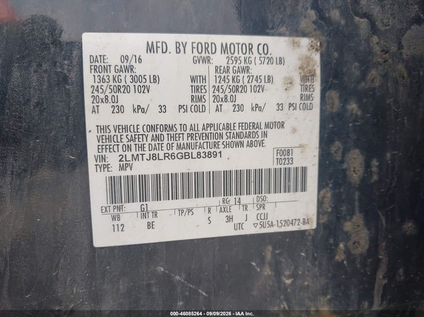 2016 Lincoln Mkx VIN 2LMTJ8LR6GBL83891 IAAI salvage auction — NORMAL WEAR, Clear (Massachusetts), sold $1,100 on 2026-09-16 (photo 9)