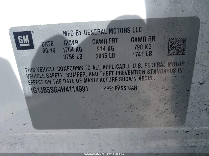 2017 Chevrolet SONIC VIN 1G1JB5SG4H4114991 IAAI salvage auction — REAR END, Wait Title, sold $1,500 on 2026-09-27 (photo 9)