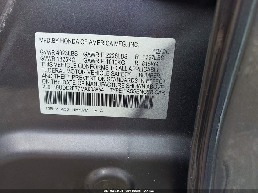2021 Acura Ilx VIN 19UDE2F77MA003854 IAAI salvage auction — SIDE, Wait Title, sold $4,400 on 2026-10-01 (photo 9)