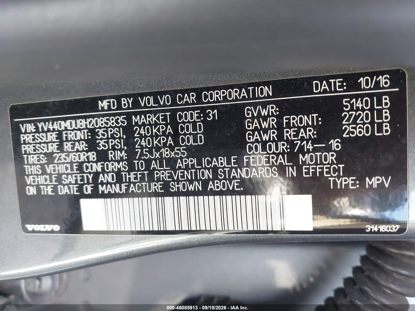 2017 Volvo Xc60 VIN YV440MDU8H2085835 IAAI salvage auction — SIDE, Wait Title, sold $3,600 on 2026-10-04 (photo 9)