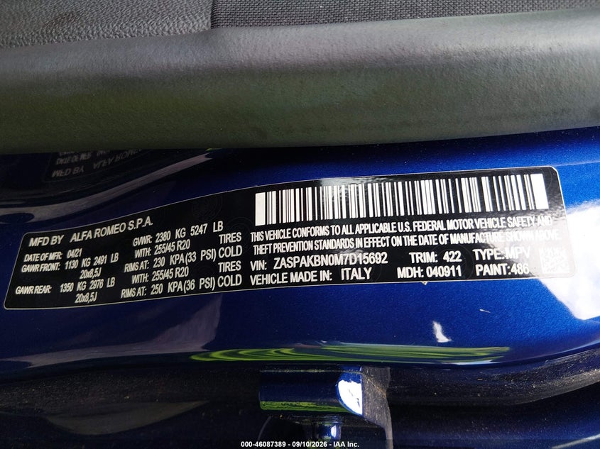 2021 Alfa romeo Stelvio VIN ZASPAKBN0M7D15692 IAAI salvage auction — FRONT END, Salvage Title, sold $11,100 on 2026-09-26 (photo 9)