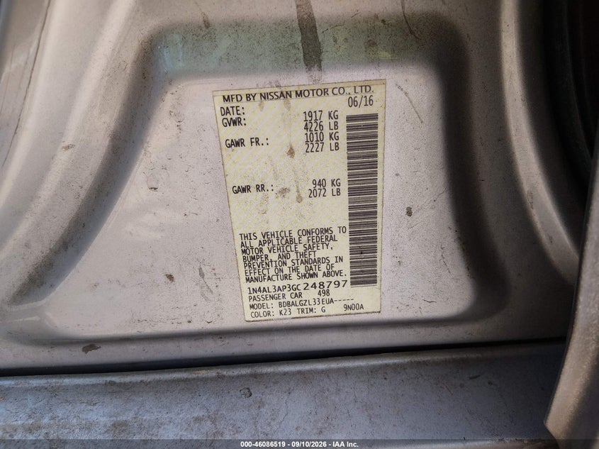 2016 Nissan Altima VIN 1N4AL3AP3GC248797 IAAI salvage auction — NORMAL WEAR, Wait Title, sold $0 on 2026-09-25 (photo 9)