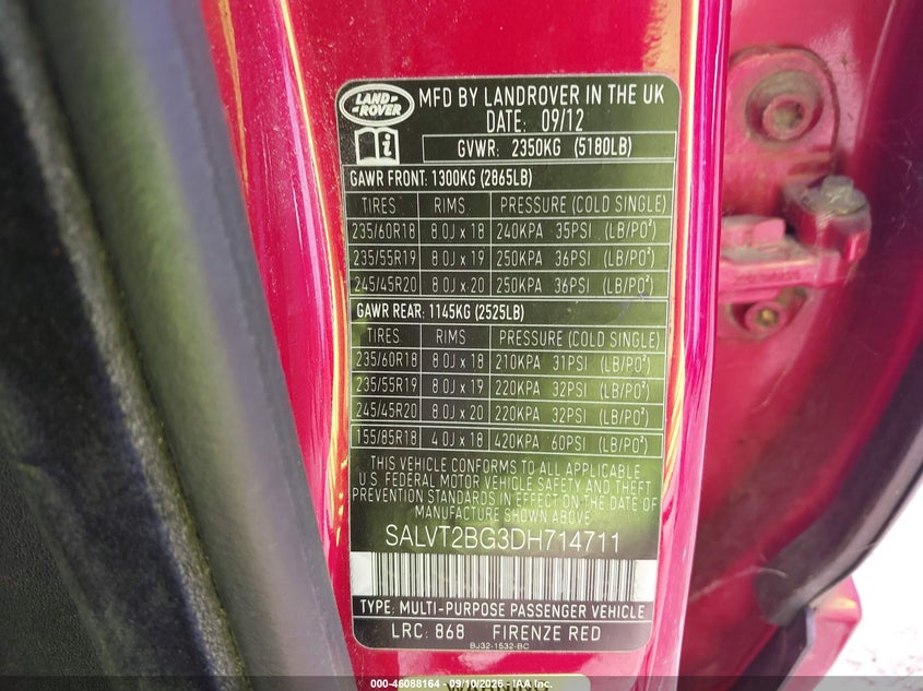 2013 Land rover Range rover evoque VIN SALVT2BG3DH714711 IAAI salvage auction — NORMAL WEAR, Clear (New York), sold $700 on 2026-09-17 (photo 9)