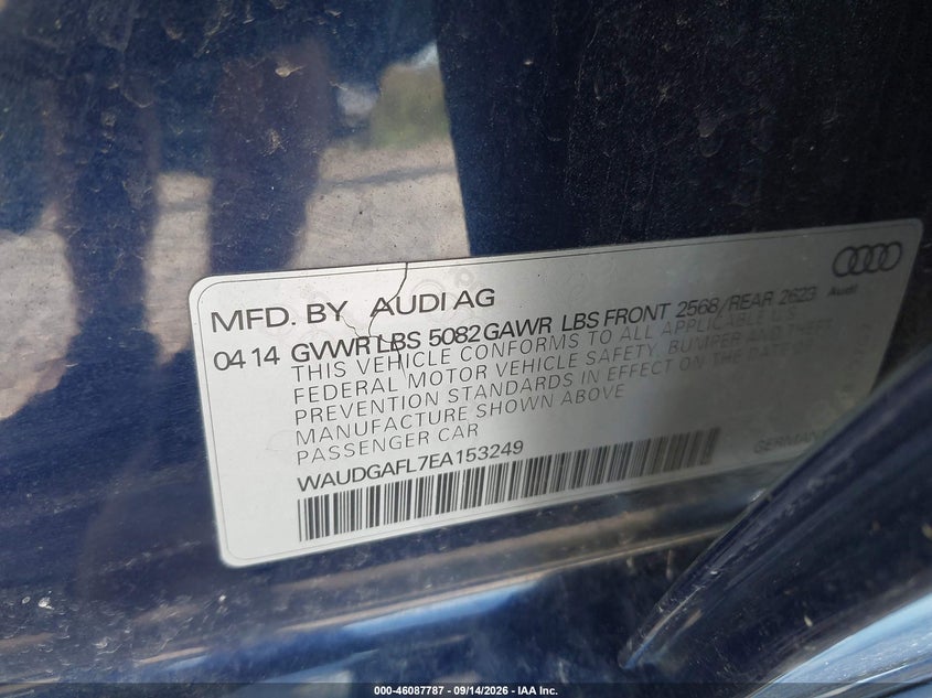 2014 Audi S4 VIN WAUDGAFL7EA153249 IAAI salvage auction — REAR END, Salvage (Pennsylvania), sold $1,425 on 2026-10-06 (photo 9)