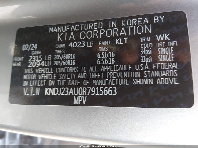 2024 Kia Soul VIN KNDJ23AU0R7915663 IAAI salvage auction — FRONT END, Wait Title, sold $8,200 on 2026-09-22 (photo 9)