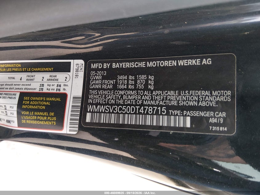 2013 Mini Hard top VIN WMWSV3C50DT478715 IAAI salvage auction — LEFT SIDE, Bill Of Sale (Washington), sold $775 on 2026-09-20 (photo 9)