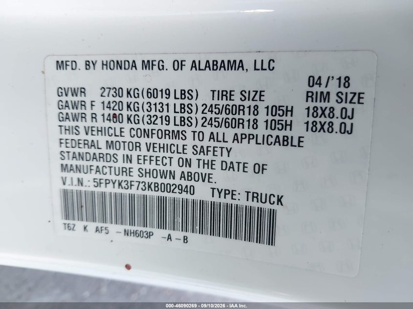 2019 Honda Ridgeline VIN 5FPYK3F73KB002940 IAAI salvage auction — LEFT FRONT, Wait Title, sold $7,000 on 2026-10-10 (photo 9)