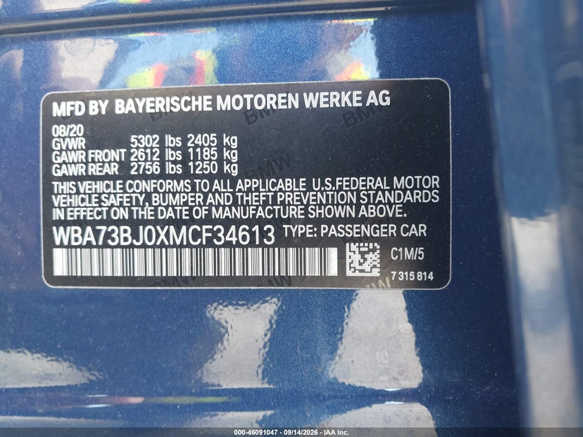 2021 BMW 5er VIN WBA73BJ0XMCF34613 IAAI salvage auction — FRONT END, Wait Title, sold $19,950 on 2026-10-16 (photo 9)