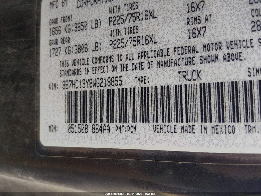 1998 Dodge Ram 1500 VIN 3B7HC13Y8WG218855 IAAI salvage auction — REAR END, Salvage (Kansas), sold $700 on 2026-10-16 (photo 9)