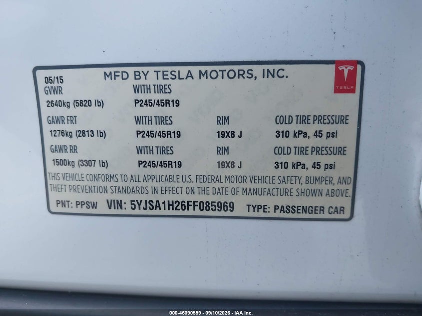 2015 Tesla Model s VIN 5YJSA1H26FF085969 IAAI salvage auction — LEFT FRONT, Wait Title, sold $25 on 2026-10-06 (photo 9)