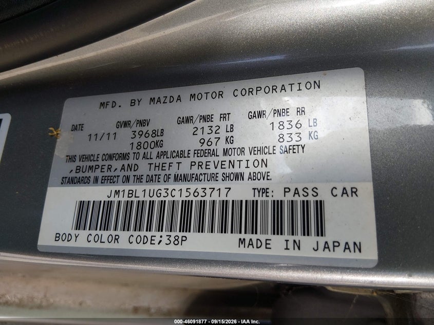 2012 Mazda 3 VIN JM1BL1UG3C1563717 IAAI salvage auction — NORMAL WEAR, Original (Texas), sold $0 on 2026-10-03 (photo 9)