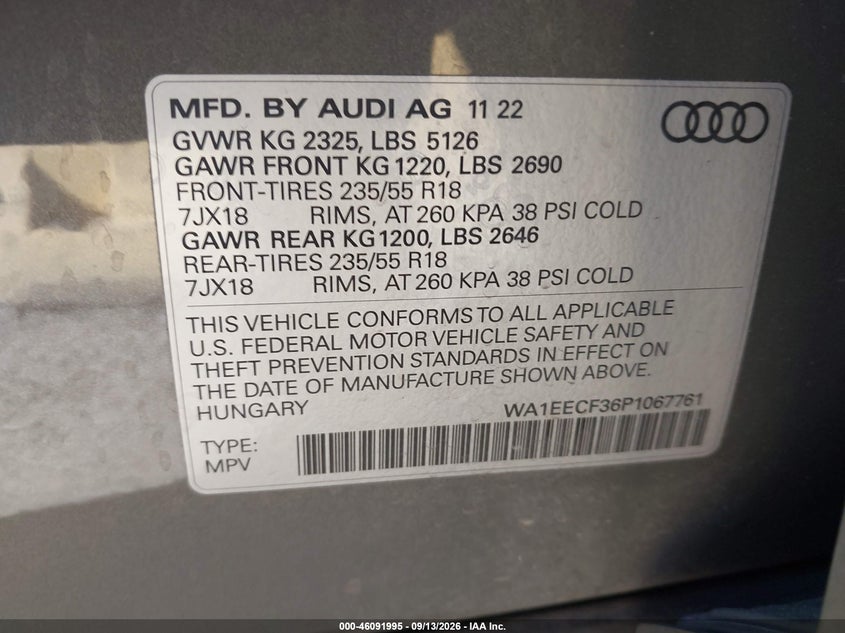 2023 Audi Q3 VIN WA1EECF36P1067761 IAAI salvage auction — RIGHT SIDE, Wait Title, sold $8,700 on 2026-09-26 (photo 9)
