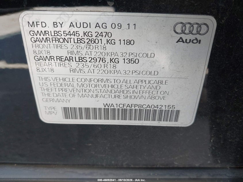 2012 Audi Q5 VIN WA1CFAFP8CA042155 IAAI salvage auction — NORMAL WEAR, Clear - Dealer Only (California), sold $700 on 2026-10-03 (photo 9)