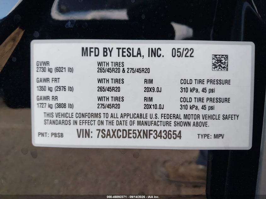 2022 Tesla Model x VIN 7SAXCDE5XNF343654 IAAI salvage auction — FRONT END, Wait Title, sold $19,400 on 2026-10-12 (photo 9)