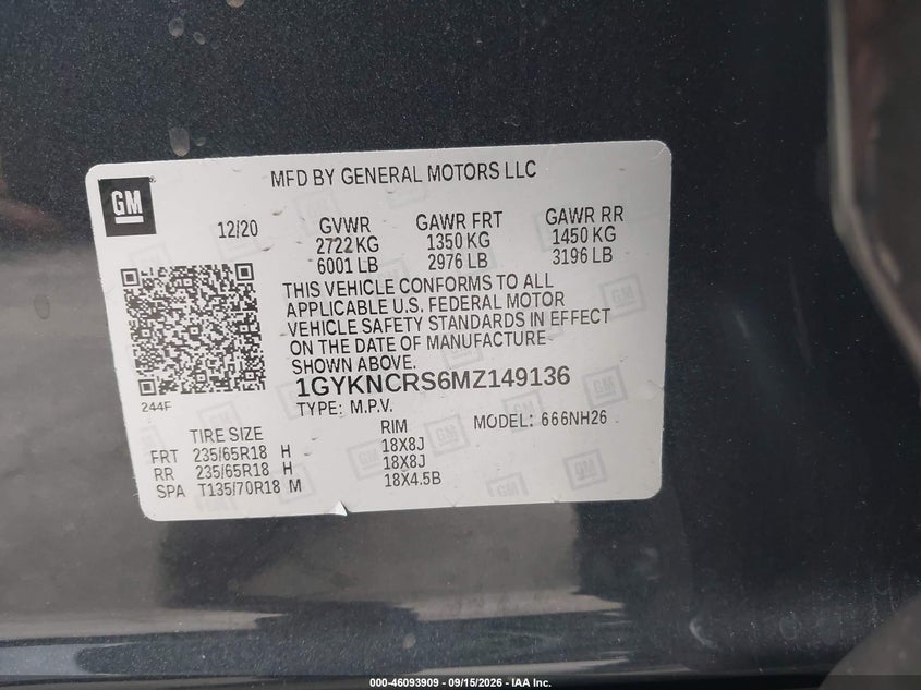 2021 Cadillac Xt5 VIN 1GYKNCRS6MZ149136 IAAI salvage auction — FRONT END, Wait Title, sold $8,175 on 2026-10-07 (photo 9)