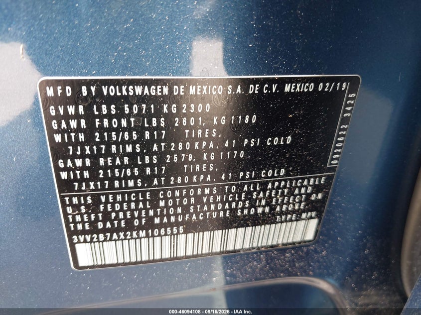 2019 Volkswagen Tiguan VIN 3VV2B7AX2KM106555 IAAI salvage auction — LEFT REAR, Salvage (Texas), sold $25 on 2026-10-02 (photo 9)