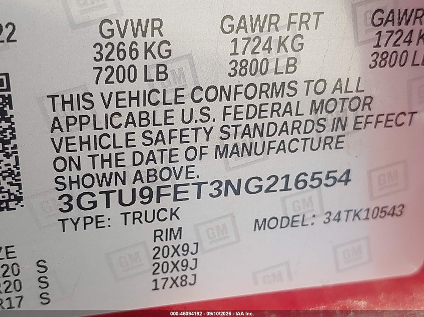 2022 Gmc SIERRA VIN 3GTU9FET3NG216554 IAAI salvage auction — FRONT & REAR, Wait Title, sold $19,150 on 2026-10-07 (photo 9)
