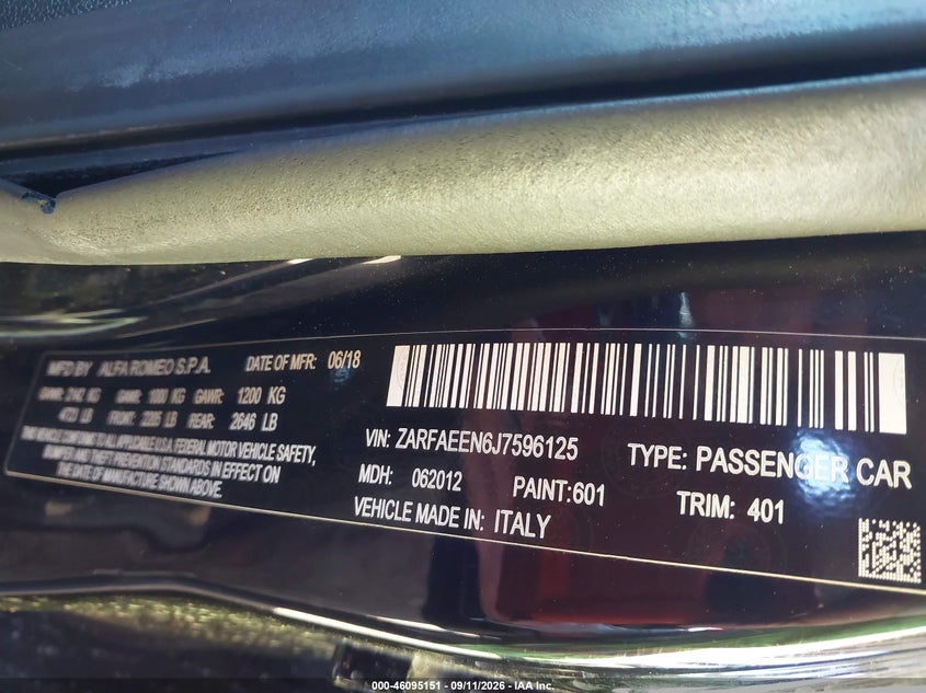 2018 Alfa romeo Giulia VIN ZARFAEEN6J7596125 IAAI salvage auction — WATER/FLOOD, Wait Title, sold $2,800 on 2026-09-20 (photo 9)