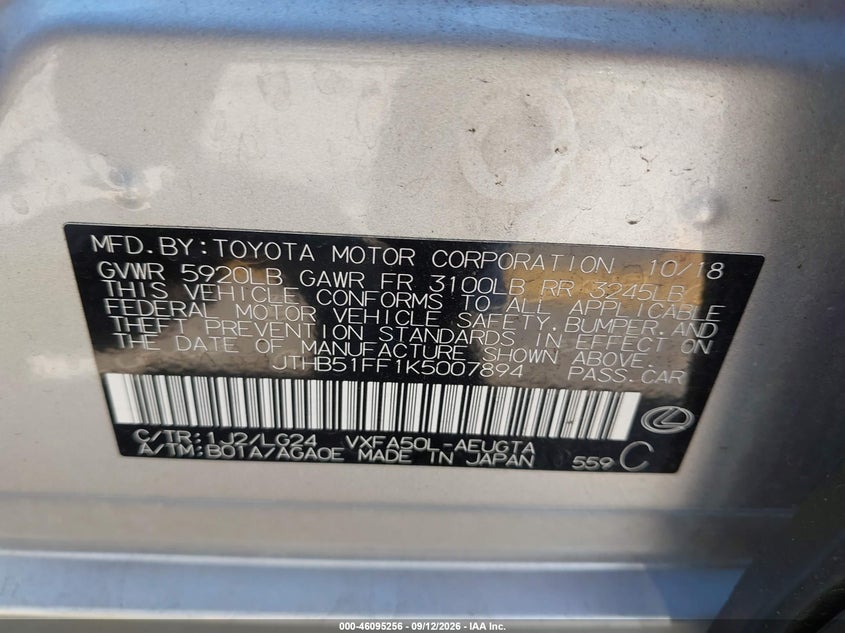 2019 Lexus Ls VIN JTHB51FF1K5007894 IAAI salvage auction — FRONT END, Wait Title, sold $17,000 on 2026-09-22 (photo 9)
