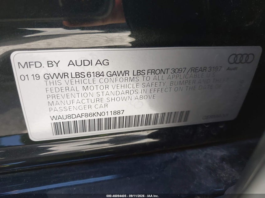 2019 Audi A8 VIN WAU8DAF86KN011887 IAAI salvage auction — MECHANICAL, Wait Title, sold $9,000 on 2026-09-25 (photo 9)
