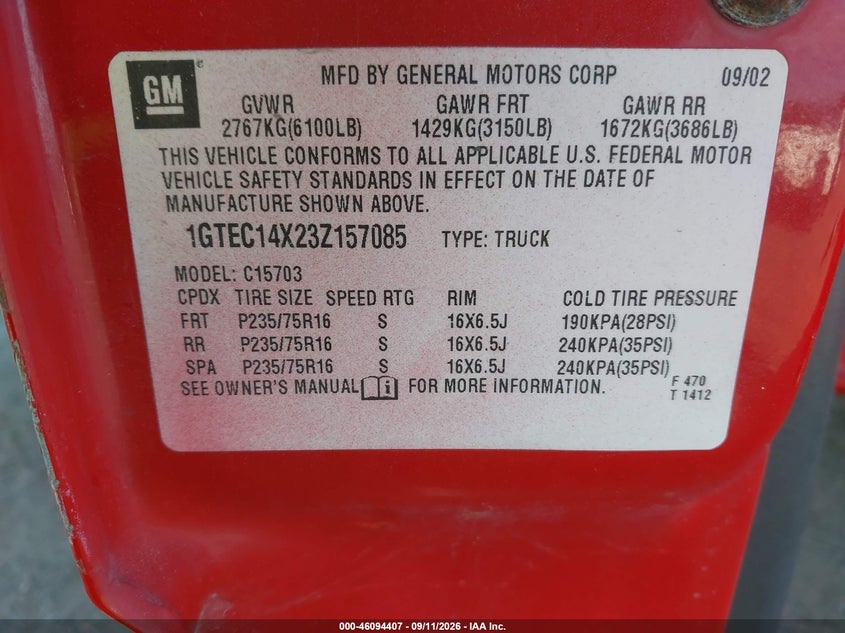2003 Gmc SIERRA VIN 1GTEC14X23Z157085 IAAI salvage auction — FRONT END, Salvage, sold $850 on 2026-10-13 (photo 9)