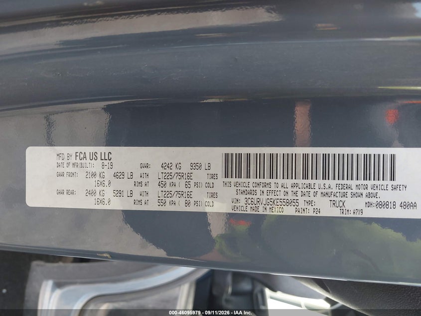 2019 Ram Promaster 3500 VIN 3C6URVJG5KE558055 IAAI salvage auction — LEFT & RIGHT, Clear (New York), sold $7,600 on 2026-10-19 (photo 9)