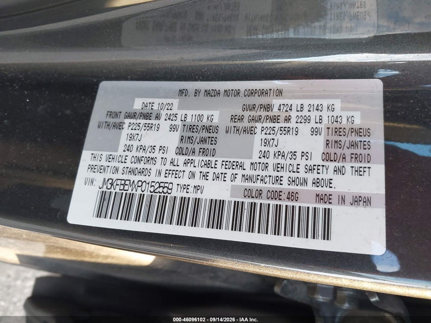 2023 Mazda Cx-5 VIN JM3KFBEMXP0152559 IAAI salvage auction — SIDE, Salvage Title, sold $11,425 on 2026-10-02 (photo 9)