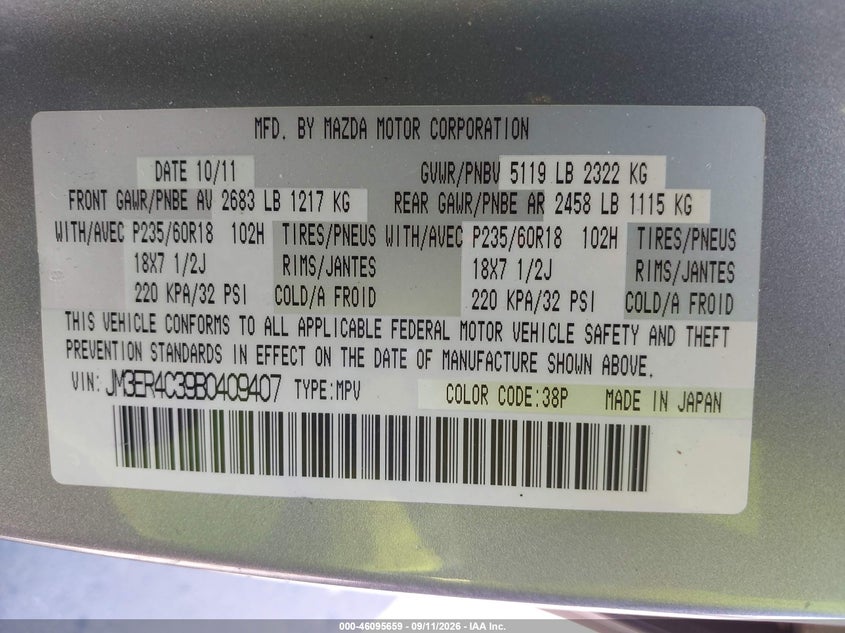 2011 Mazda Cx-7 VIN JM3ER4C39B0409407 IAAI salvage auction — FRONT END, Salvage (California), sold $475 on 2026-09-20 (photo 9)