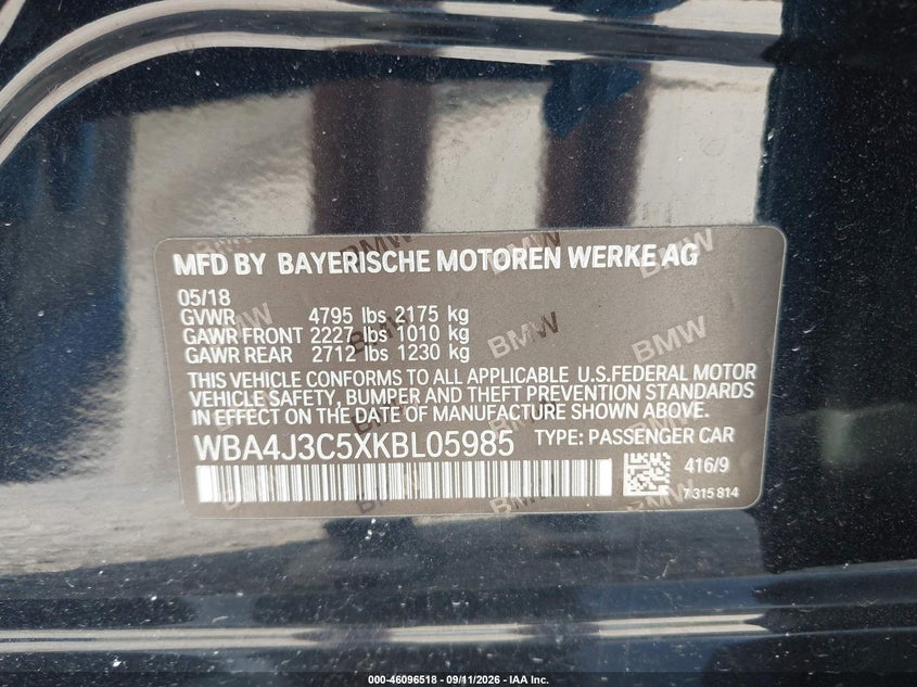 2019 BMW 4er VIN WBA4J3C5XKBL05985 IAAI salvage auction — REAR END, Wait Title, sold $8,600 on 2026-10-09 (photo 9)