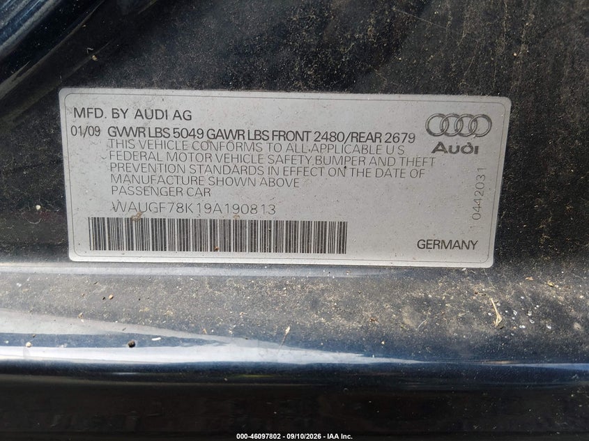 2009 Audi A4 VIN WAUGF78K19A190813 IAAI salvage auction — NORMAL WEAR, Salvage (Texas), sold $425 on 2026-10-08 (photo 9)
