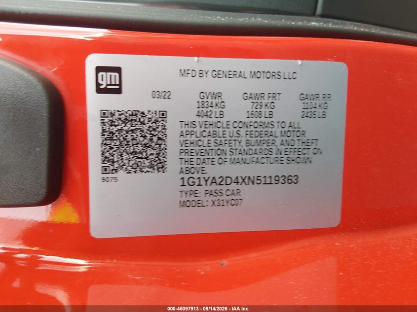 2022 Chevrolet Corvette VIN 1G1YA2D4XN5119363 IAAI salvage auction — All Over, Salvage, sold $22,000 on 2026-10-19 (photo 9)