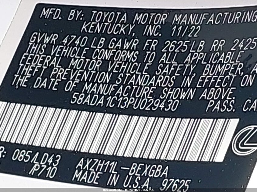 2023 Lexus Es 300h VIN 58ADA1C13PU029430 IAAI salvage auction — REAR END, Salvage (Connecticut), sold $20,400 on 2026-10-06 (photo 9)