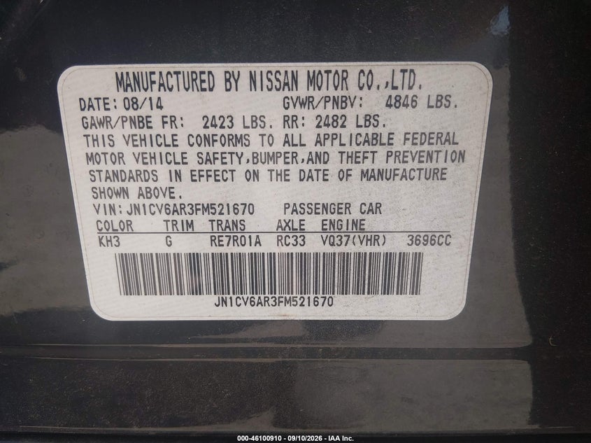 2015 Infiniti Q40 VIN JN1CV6AR3FM521670 IAAI salvage auction — NORMAL WEAR, Salvage Title, sold $0 on 2026-09-26 (photo 9)