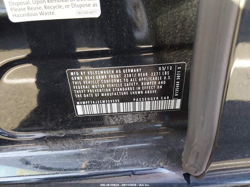 2012 Volkswagen Golf r VIN WVWPF7AJ2CW309595 IAAI salvage auction — FRONT END, Wait Title, sold $825 on 2026-09-30 (photo 9)