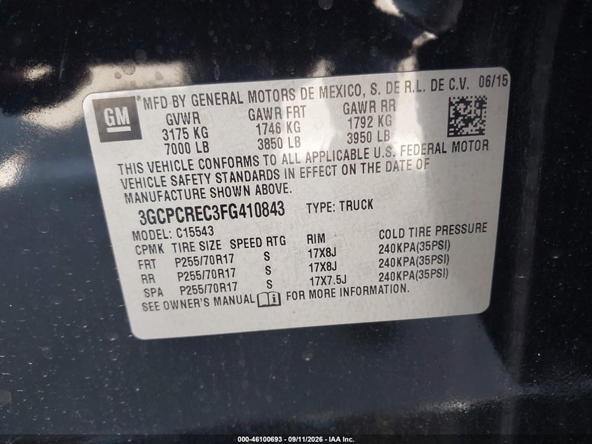 2015 Chevrolet Silverado VIN 3GCPCREC3FG410843 IAAI salvage auction — LEFT REAR, Wait Title, sold $5,600 on 2026-10-07 (photo 9)