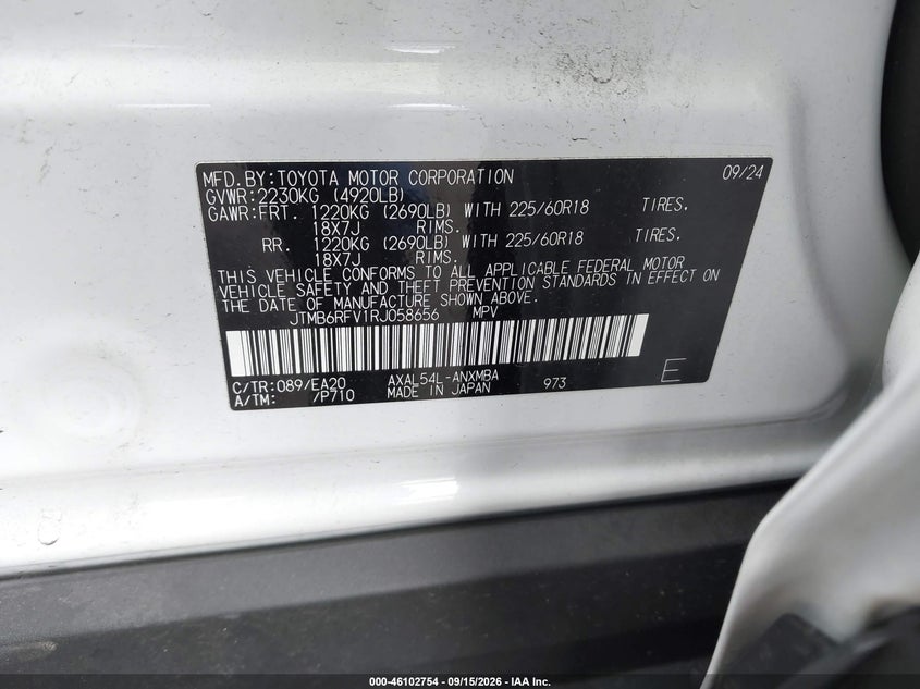 2024 Toyota Rav 4 VIN JTMB6RFV1RJ058656 IAAI salvage auction — SIDE, Wait Title, sold $15,725 on 2026-10-09 (photo 9)