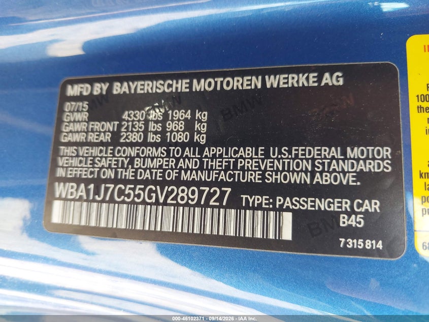 2016 BMW 2er VIN WBA1J7C55GV289727 IAAI salvage auction — FRONT END, Wait Title, sold $0 on 2026-10-17 (photo 9)