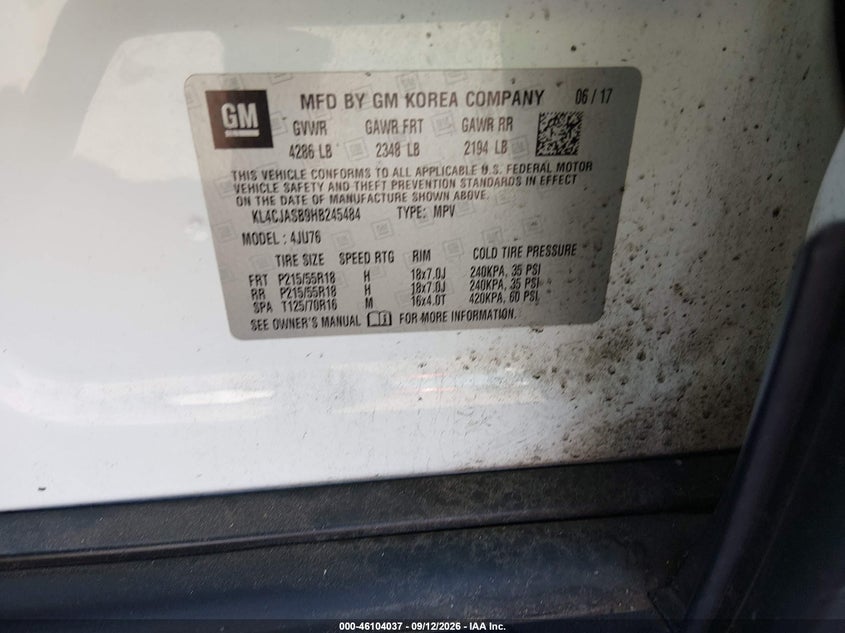 2017 Buick Encore VIN KL4CJASB9HB245484 IAAI salvage auction — NORMAL WEAR, Wait Title, sold $0 on 2026-09-27 (photo 9)