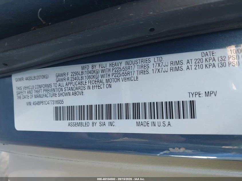 2007 Subaru Outback VIN 4S4BP61C477316935 IAAI salvage auction — NORMAL WEAR, Clear (New York), sold $400 on 2026-10-09 (photo 9)
