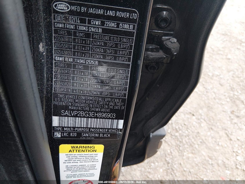 2014 Land rover Range rover evoque VIN SALVP2BG3EH896903 IAAI salvage auction — NORMAL WEAR, Wait Title, sold $825 on 2026-10-10 (photo 9)