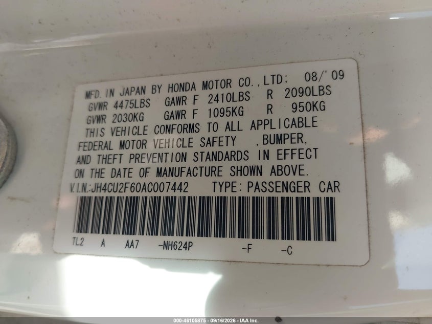 2010 Acura Tsx VIN JH4CU2F60AC007442 IAAI salvage auction — NORMAL WEAR, Clear-Dealer Only (North Carolina), sold $0 on 2026-10-03 (photo 9)