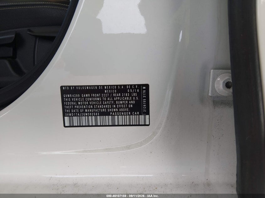2016 Volkswagen Jetta VIN 3VWD17AJ2GM392563 IAAI salvage auction — REAR END, Rebuildable (Florida), sold $2,450 on 2026-09-27 (photo 9)