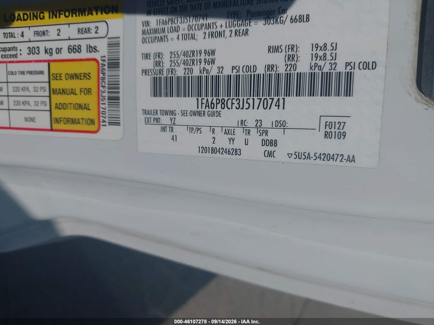 2018 Ford Mustang VIN 1FA6P8CF3J5170741 IAAI salvage auction — Normal Wear & Tear, Clear, sold $9,550 on 2026-10-19 (photo 9)