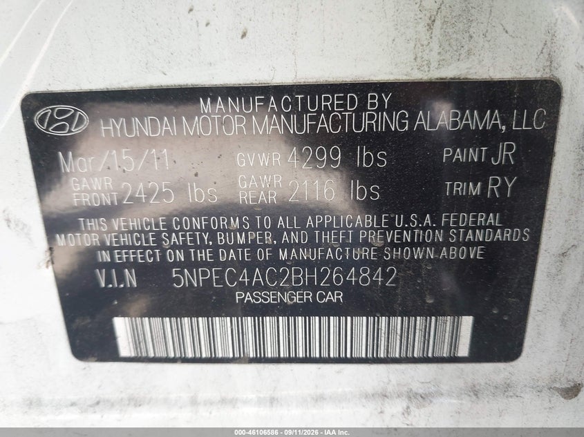 2011 Hyundai Sonata VIN 5NPEC4AC2BH264842 IAAI salvage auction — NORMAL WEAR, Clear - Dealer Only (California), sold $275 on 2026-09-29 (photo 9)