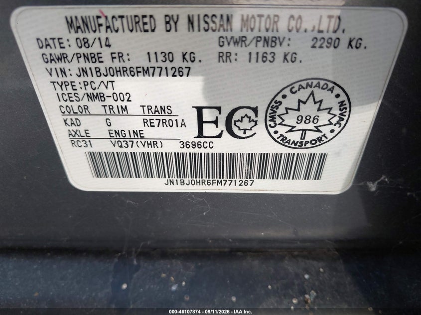 2015 Infiniti QX50 VIN JN1BJ0HR6FM771267 IAAI salvage auction — REAR END, Wait Title, sold $450 on 2026-09-21 (photo 9)