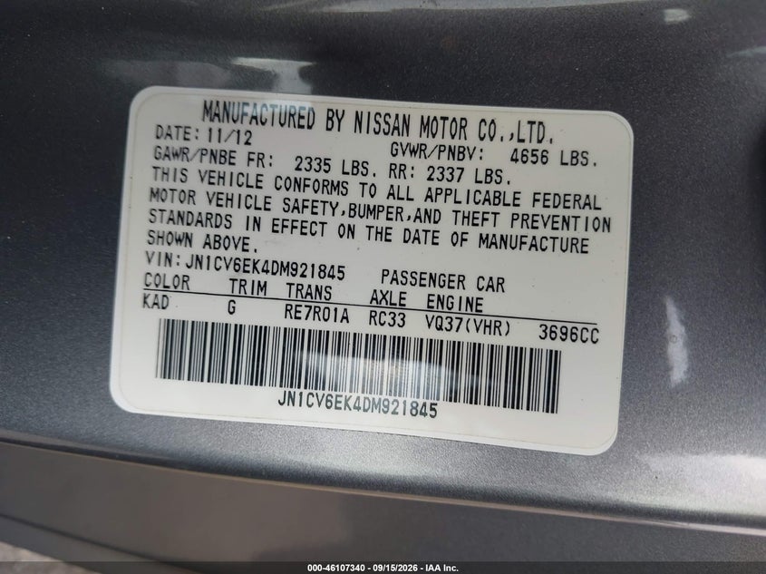 2013 Infiniti G VIN JN1CV6EK4DM921845 IAAI salvage auction — FRONT END, Salvage (South Carolina), sold $5,700 on 2026-09-30 (photo 9)