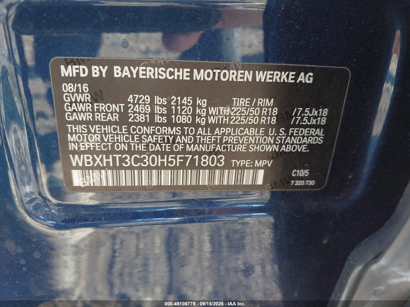 2017 BMW X1 VIN WBXHT3C30H5F71803 IAAI salvage auction — REAR END, Salvage (Ohio), sold $4,150 on 2026-10-10 (photo 9)