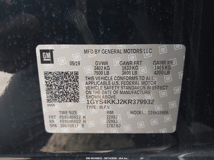2019 Cadillac Escalade VIN 1GYS4KKJ2KR379932 IAAI salvage auction — NORMAL WEAR, Clear, sold $17,750 on 2026-10-15 (photo 9)